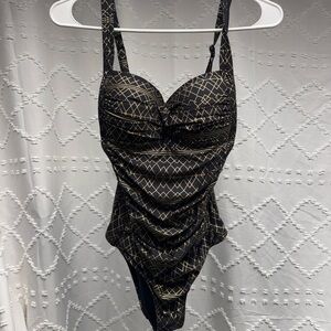 Nip Tuck Swim Dulcie Gold Deco Foil Tummy Control One Piece Swimsuit US 4